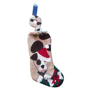 Hooked Yarn Hanging Tail Boxer Dog Christmas Stocking Bells NWT Crystal Snow